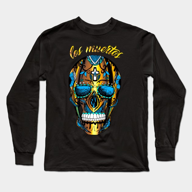 Los Muertos Sugar Skull - Gold and Blue Edition Long Sleeve T-Shirt by kenallouis